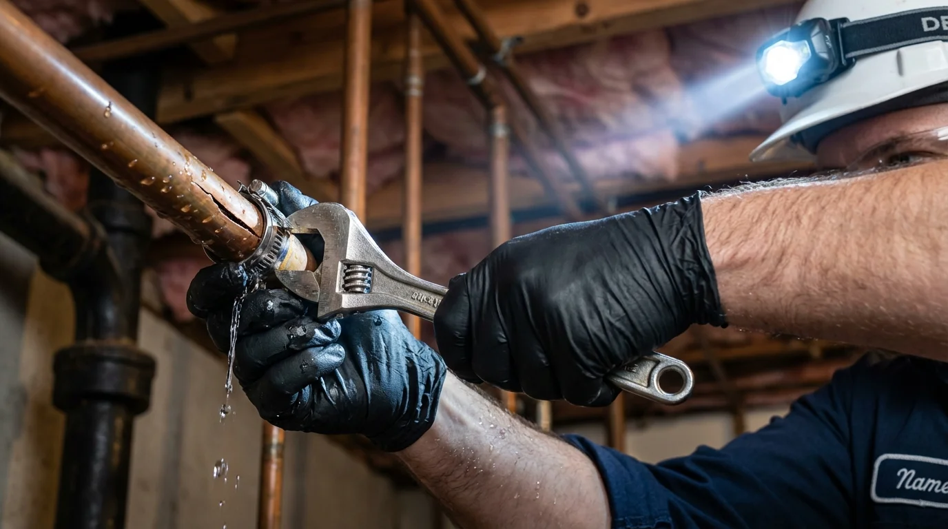 Emergency pipe clamp repair being performed by a Johns Plumbing LLC plumber in Belleair Beach