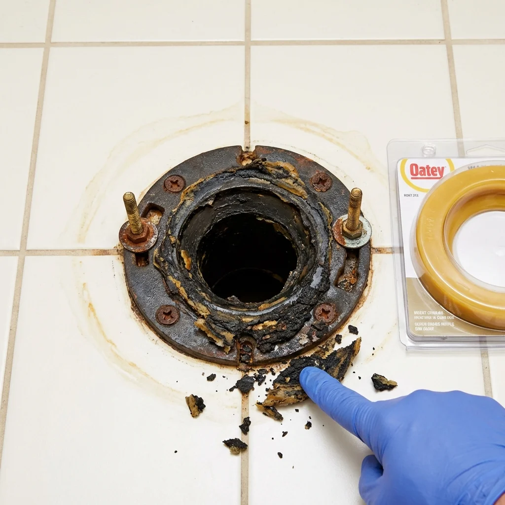 Failed wax ring showing water seepage at the base of a toilet in a Belleair Beach, FL home