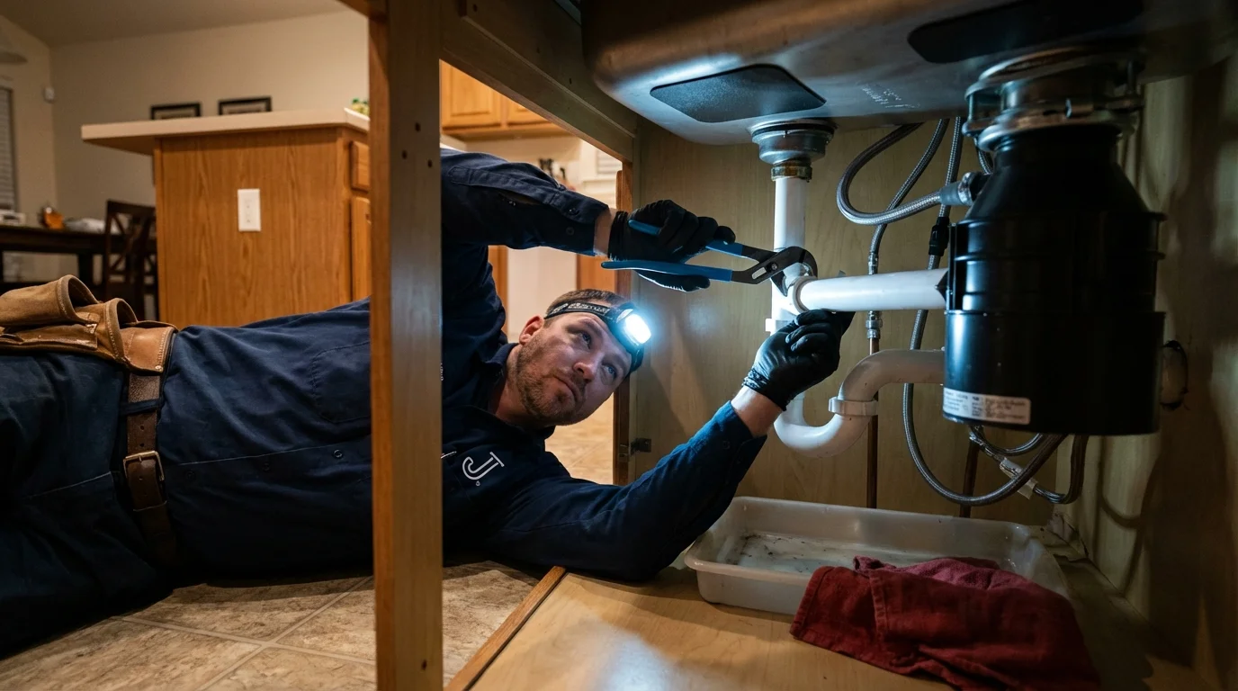 P-trap and supply line connections under a kitchen sink showing a common leak point in Belleair Beach, FL